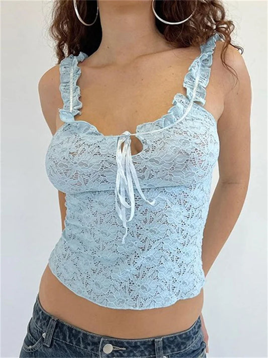 FashionSierra - 2025 Lace Floral See Through Sleeveless Camis for Women Ruffle Strap Tie-up O-neck Slim Fit Tank Mini Vest Crop Tops