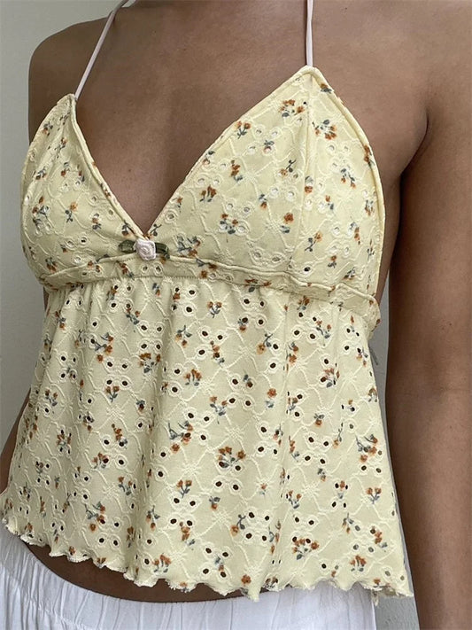 FashionSierra - 2025 Retro Lace Halter Camis Embroidery Floral Print Backless Tie-up Summer Mini Vest Crop Tops