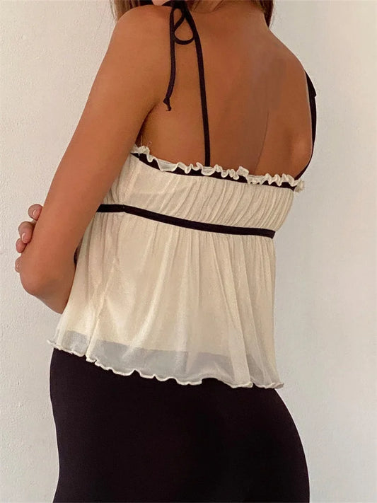 FashionSierra - 2025 Ruffles Patchwork Camis Sleeveless Tie-up Strap Tank Bow Ruched Summer Mini Vest Party Clubwear Crop Tops