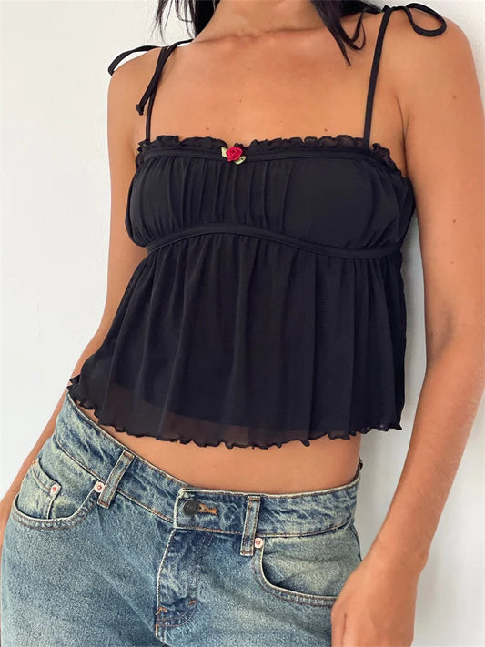 FashionSierra - 2025 Ruffles Patchwork Camis Sleeveless Tie-up Strap Tank Bow Ruched Summer Mini Vest Party Clubwear Crop Tops