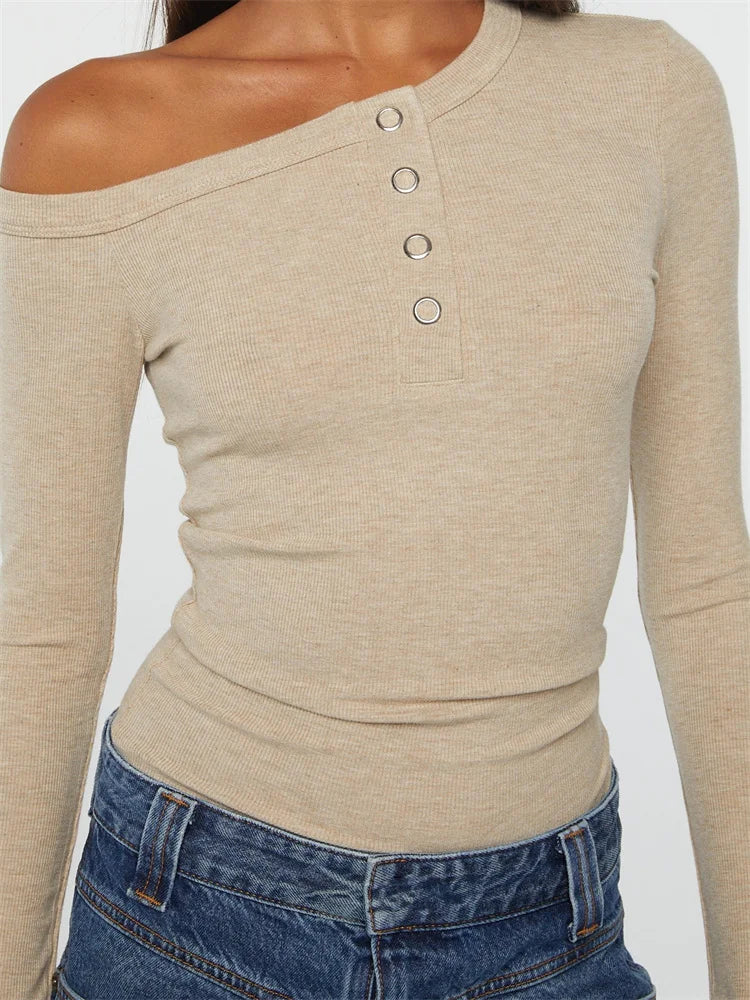Ribbed Long Sleeve Off Shoulder Sexy for Women Solid Slim Fit Buttons