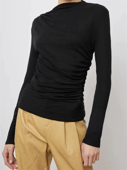 FashionSierra - Round Neck Ruched Long Sleeve Casual for Women Solid Color Slim Fit Pullovers Female Basic Tee