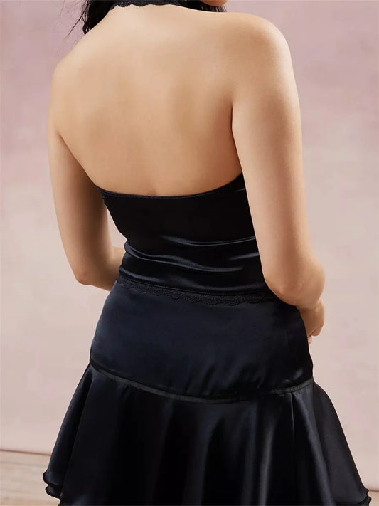 FashionSierra - 2025 Satin Halter Lace Trim Front Bowknot V-Neck Backless Party Tank Crop Tops