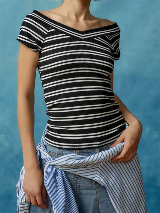 FashionSierra - Sexy Slash Neck Off Shoulder Short Sleeve Solid Color/Striped Print Slim Fit Streetwear Tee