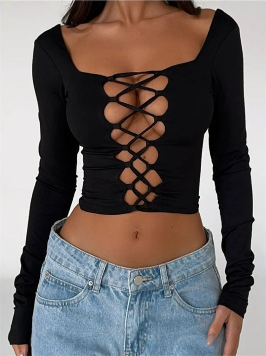 FashionSierra - 2025 Square Neck Front Hollow Out Long Sleeve Backless Tie-up Slim Fit Black Streetwear Tee