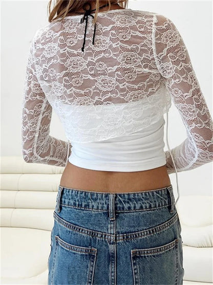 FashionSierra - 2024 Sexy Off Shoulder Tube Lace Shrugs Mesh See Through T-Shirts  Crop Tops