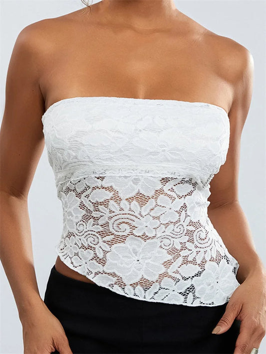 FashionSierra - 2025 Sexy Summer Fashion Tube Sleeveless Lace Floral Bustiers Irregular Hem Corsets Mini Vest Crop Tops