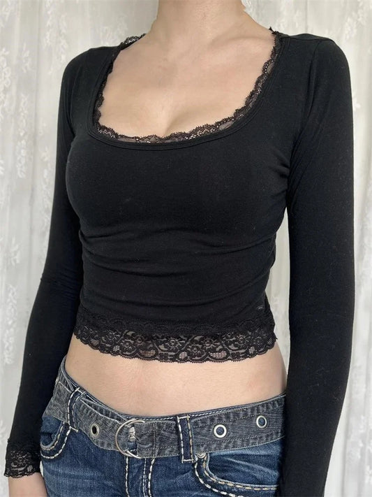 FashionSierra - 2025 Vintage Fairy Grunge Spring Fall Lace Patchwork Long Sleeve Slim Fit y2k Harajuku Basic Tee