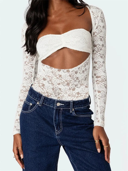 FashionSierra - 2024 Vintage Lace Floral Long Sleeve Solid T-shirts Ruched Off Shoulder Tube  Crop Tops