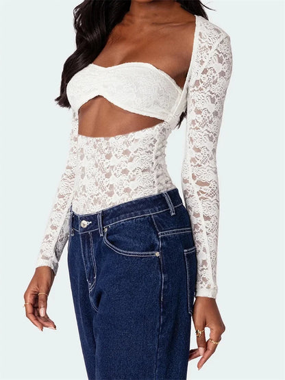 FashionSierra - 2024 Vintage Lace Floral Long Sleeve Solid T-shirts Ruched Off Shoulder Tube  Crop Tops