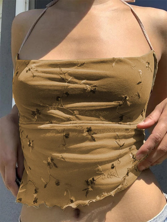 FashionSierra - 2025 Sleeveless Halter Lace-up Camis for Women Square Neck Floral Backless Tank Irregular Hem Mini Vest Crop Tops