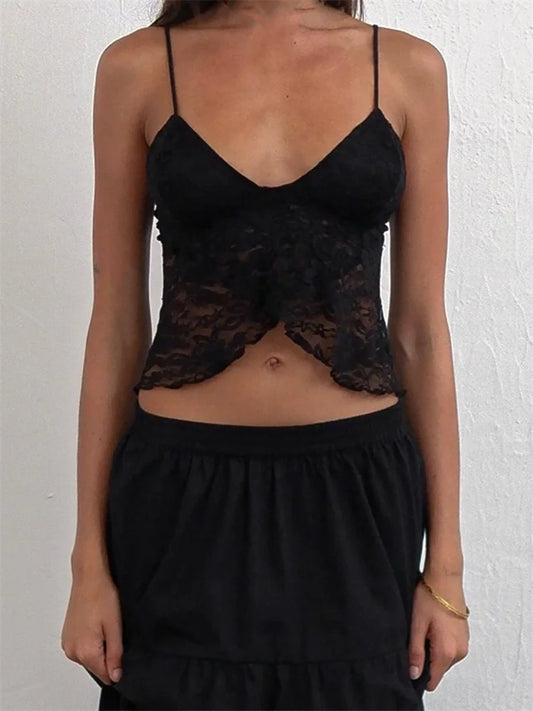 FashionSierra - 2025 Lace Camis Spaghetti Strap Irregular Hem Tank V-neck Mesh See Through Summer Vest Crop Tops