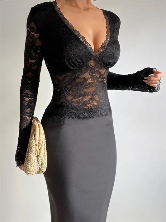 FashionSierra - 2025 Vintage Lace Mesh See Through Long Sleeve Deep V-neck Slim Fit Party Clubwear Black Tee