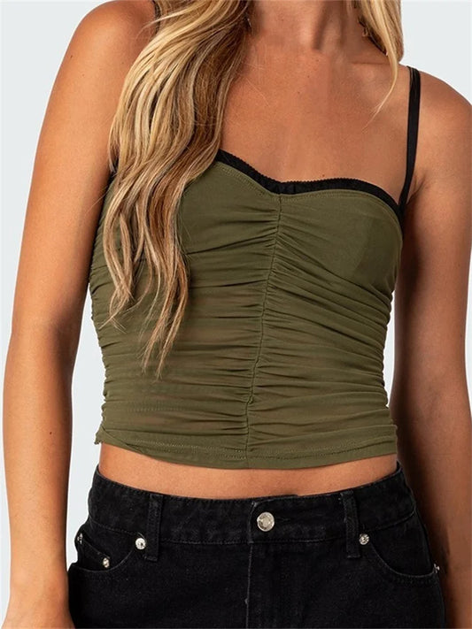 FashionSierra - 2025 Patchwork Mesh Camis Ruched Spaghetti Strap Sleeveless Tank Summer Mini Vest Streetwear Crop Tops