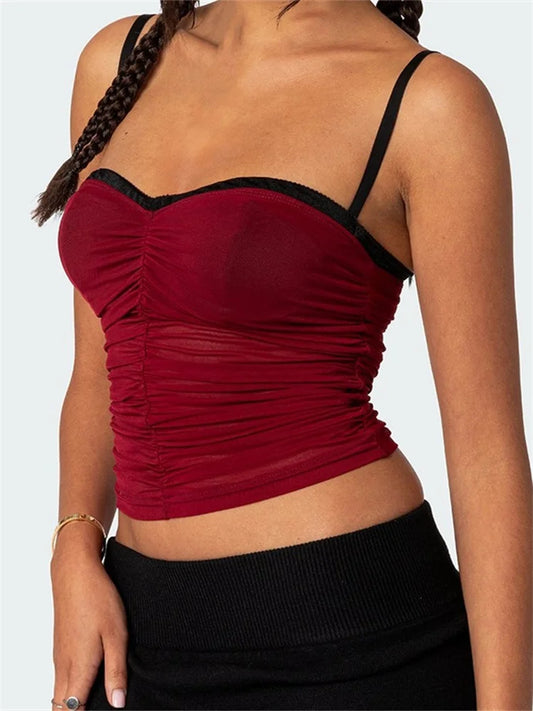 FashionSierra - 2025 Patchwork Mesh Camis Ruched Spaghetti Strap Sleeveless Tank Summer Mini Vest Streetwear Crop Tops