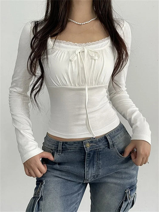 FashionSierra - 2025 Vintage Spring Fall Square Neck Ruched Basic Fashion White Long Sleeve Lace Trim Tie Up Tee