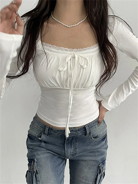 FashionSierra - 2025 Vintage Spring Fall Square Neck Ruched Basic Fashion White Long Sleeve Lace Trim Tie Up Tee