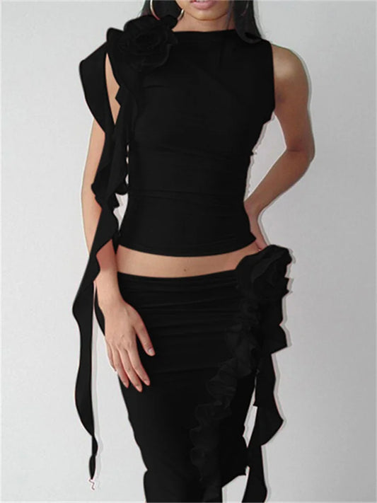 FashionSierra - 2025 3D Flower Mesh Sheer Ruffles Tassels See Through Sleeveless Spaghetti Strap Camis Y2K Clothes Crop Tops