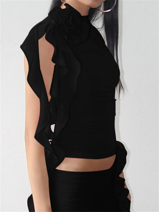 FashionSierra - 2025 3D Flower Mesh Sheer Ruffles Tassels See Through Sleeveless Spaghetti Strap Camis Y2K Clothes Crop Tops