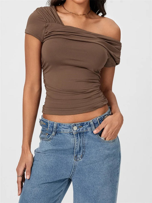 FashionSierra - Asymmetrical Neck Solid Color Off Shoulder Short Sleeve Ruched Casual Streetwear Tee