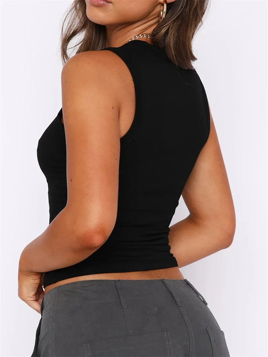FashionSierra - 2025 Casual Sleeveless Solid Color Slim Fit Pullovers Mini Vest Female Base Tank Tops Crop Tops