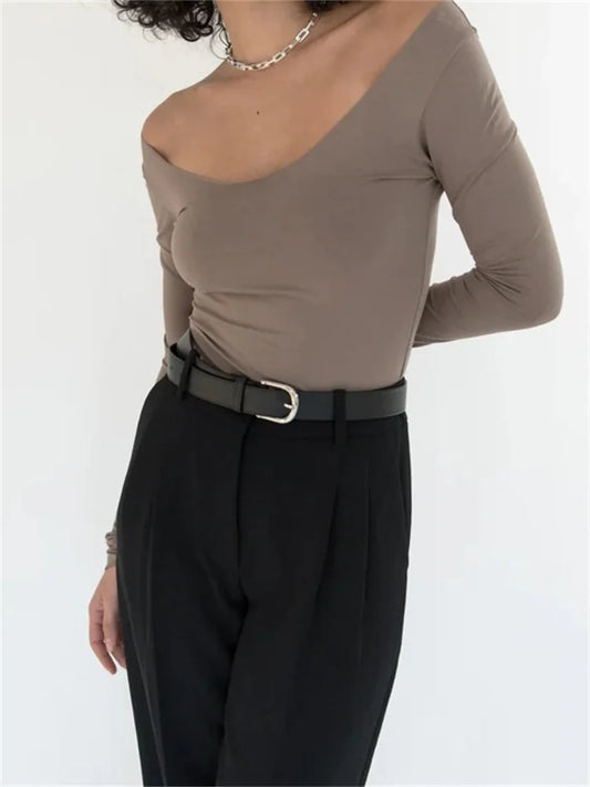 FashionSierra - Off Shoulder Slim Round Neck Basic Solid Color Long Sleeve Backless Skinny Streetwear Tee