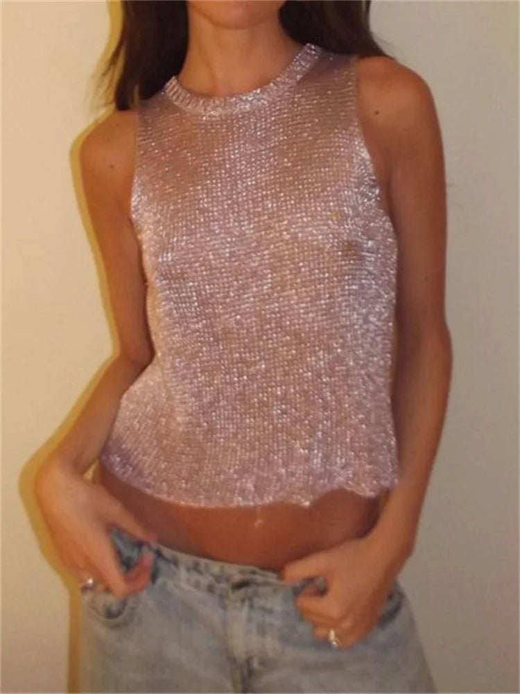 FashionSierra - 2024 Mesh Sheer Glitter Sleeveless Cover Ups Cropped See Through Mini Vest Streetwear  Crop Tops