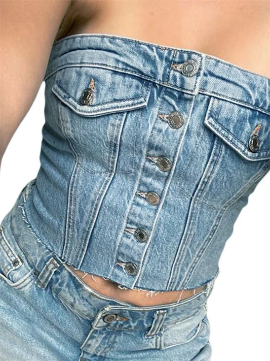 FashionSierra - 2024 Sexy Tube Sleeveless Buttons Up Bustiers Corsets Denim Off Shoulder Cropped Tank Mini Vest  Crop Tops