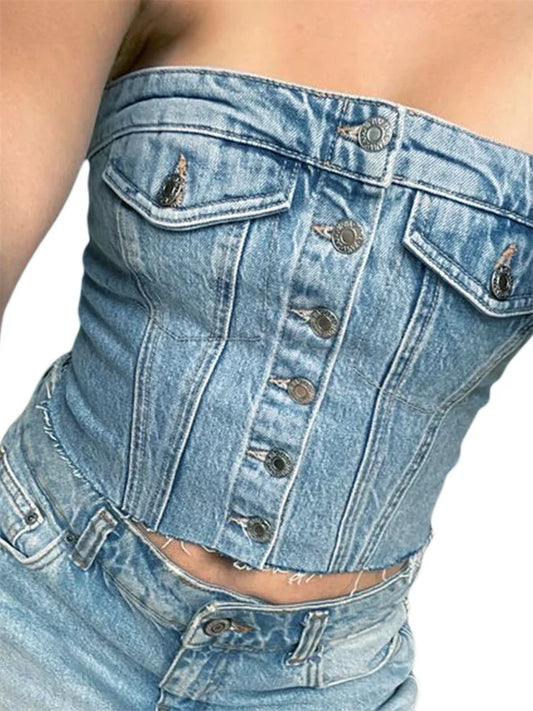 FashionSierra - 2025 Sexy Tube Sleeveless Buttons Up Bustiers Corsets Denim Off Shoulder Cropped Tank Mini Vest Crop Tops