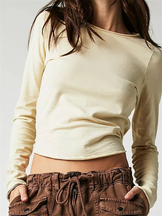 FashionSierra - 2025 Solid Basic Long Sleeve Round Neck Solid Spring Autumn Slim Fit Streetwear Casual Top Tee