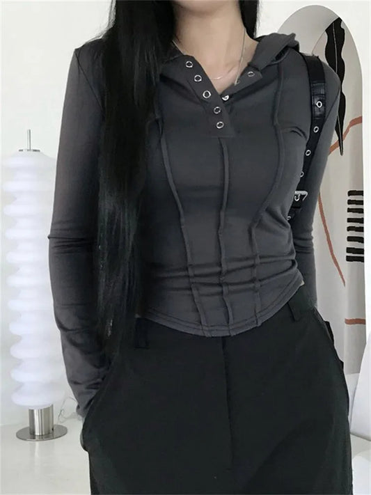 FashionSierra - 2025 Spring Autumn Ruched Slim Fit Long Sleeve Buttons Up Drawstring Hooded Irregular Hem Tee