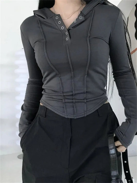 FashionSierra - 2025 Spring Autumn Ruched Slim Fit Long Sleeve Buttons Up Drawstring Hooded Irregular Hem Tee