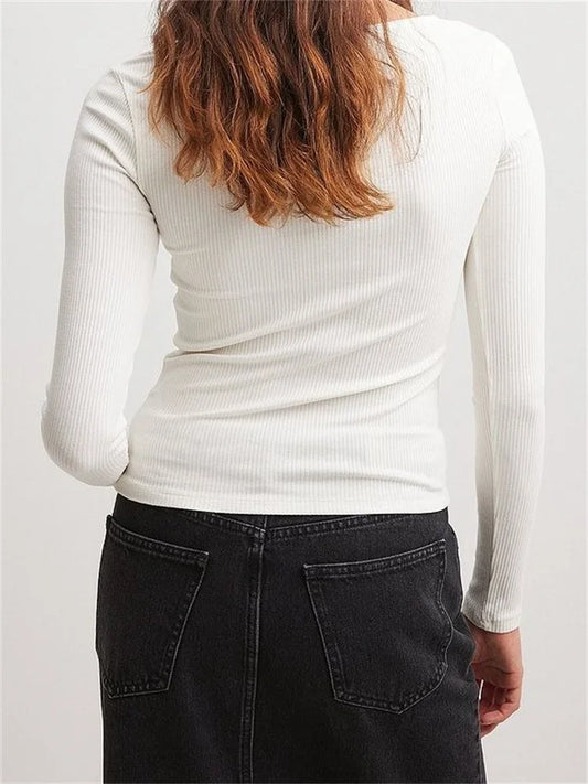 FashionSierra - 2025 Spring Autumn Slim Ribbed Solid Color Long Sleeve Square Neck Buttons Up Streetwear New Tee