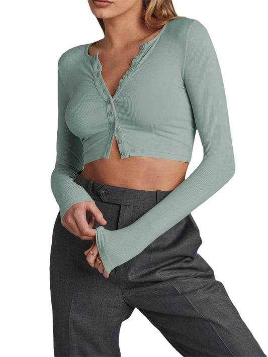 FashionSierra - 2025 Spring Autumn Slim Knitwear Solid Color Long Sleeve V-neck Single Breasted Exposed Navel Cardigans Tee