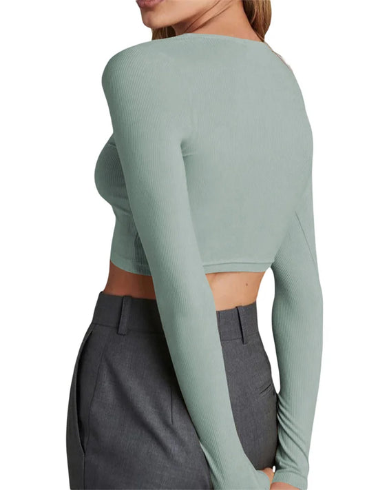 FashionSierra - 2025 Spring Autumn Slim Knitwear Solid Color Long Sleeve V-neck Single Breasted Exposed Navel Cardigans Tee