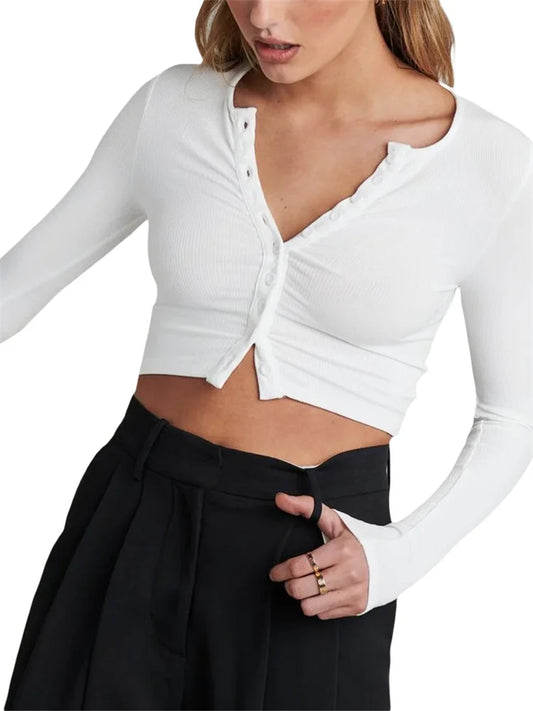 FashionSierra - 2025 Spring Autumn Slim Knitwear Solid Color Long Sleeve V-neck Single Breasted Exposed Navel Cardigans Tee