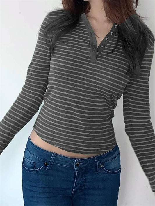 FashionSierra - 2025 Spring Autumn Striped Casual Long Sleeve Buttons Up Slim Fit V-neck Basic Streetwear Tee