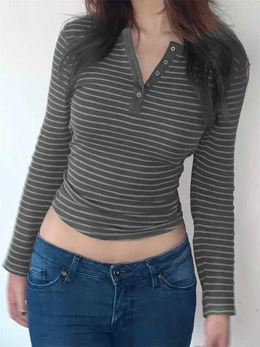 FashionSierra - 2025 Spring Autumn Striped Casual Long Sleeve Buttons Up Slim Fit V-neck Basic Streetwear Tee