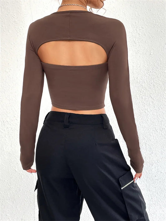 FashionSierra - 2025 Spring Fall Solid Long Sleeve Square Neck y2k Fairycore Grunge Slim Fit Hollow Out Tee