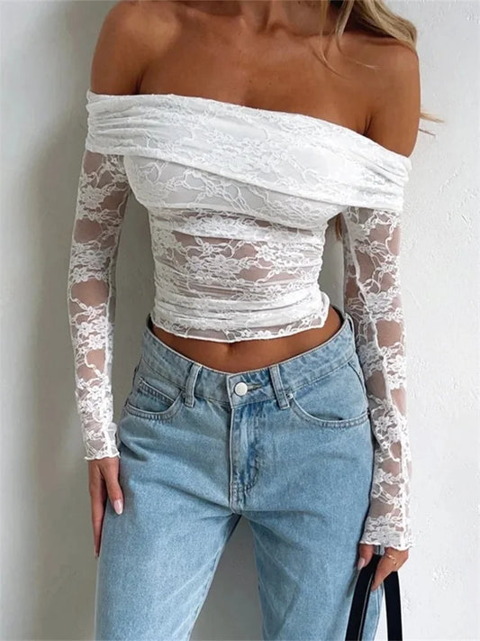 FashionSierra - 2025 Spring Summer Lace Floral Cropped Sexy Long Sleeve Slash Neck Off Shoulder Slim Fit Clubwear Tee