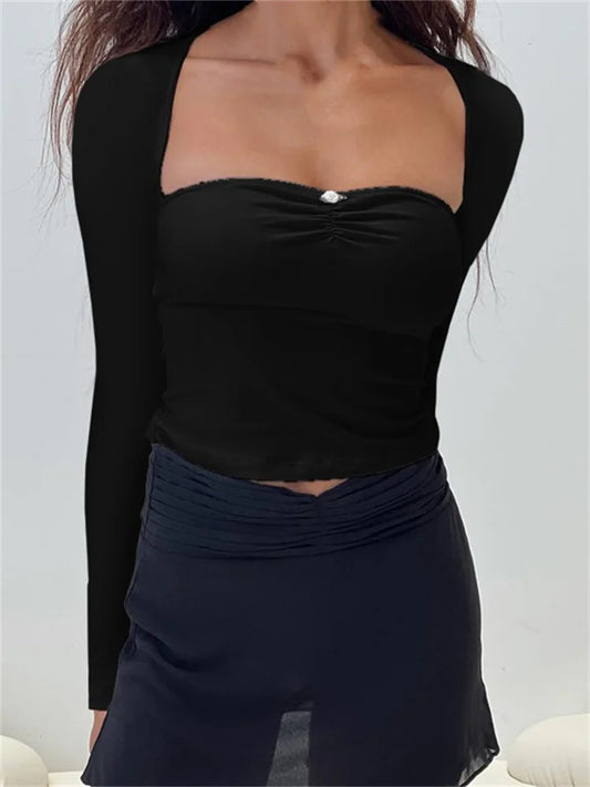 FashionSierra - 2025 Square Neck Low Cut Sexy Grunge Long Sleeve Slim Fit Ruched Backless 90s Streetwear Tee