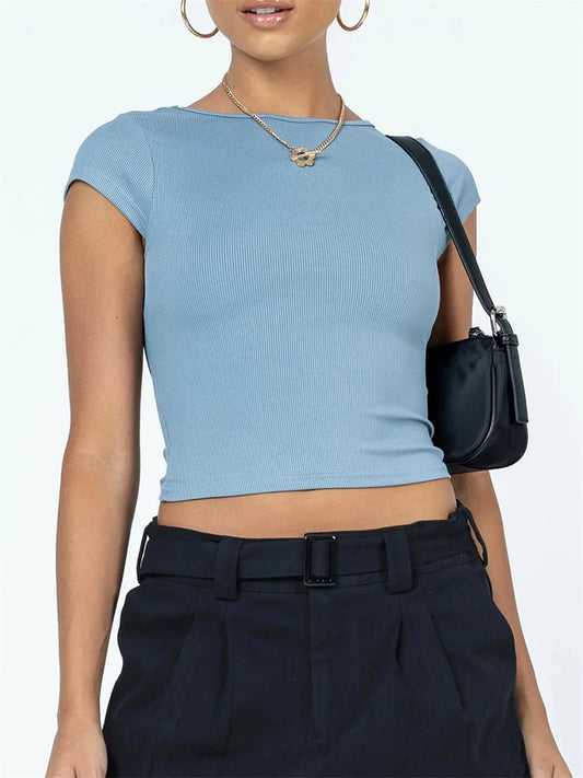 FashionSierra - 2024 Summer Short Sleeve Causal Slim Fit Solid O Neck Backless Ribbed Base Streetwear Tee