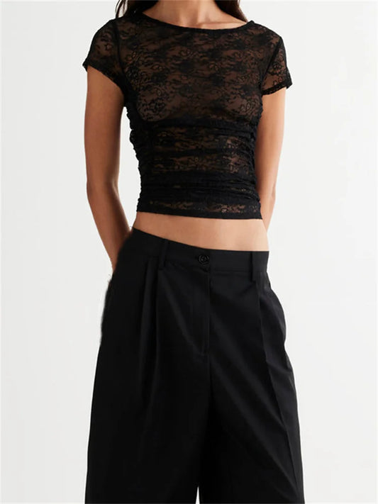 FashionSierra - 2024 Summer Short Sleeve Lace Slim Fit See Through Pullovers Causal Female Streetwear Basic Tee