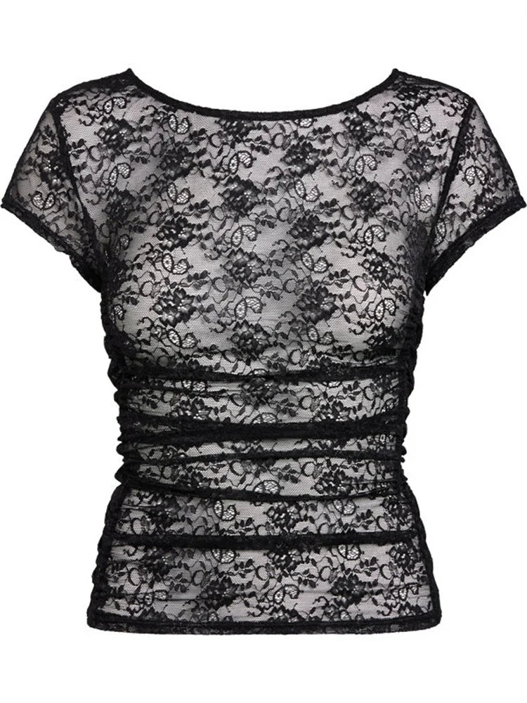 FashionSierra - 2024 Summer Short Sleeve Lace Slim Fit See Through Pullovers Causal Female Streetwear Basic Tee