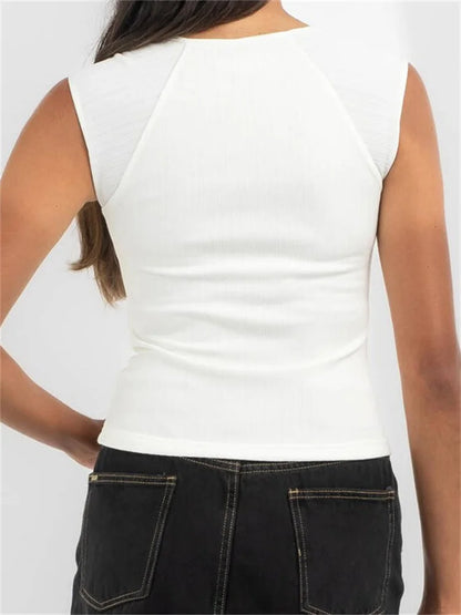 FashionSierra - 2024 Slim Fit Sleeveless White Square Neck Low Cut Vest Cropped Party Streetwear Crop Tops
