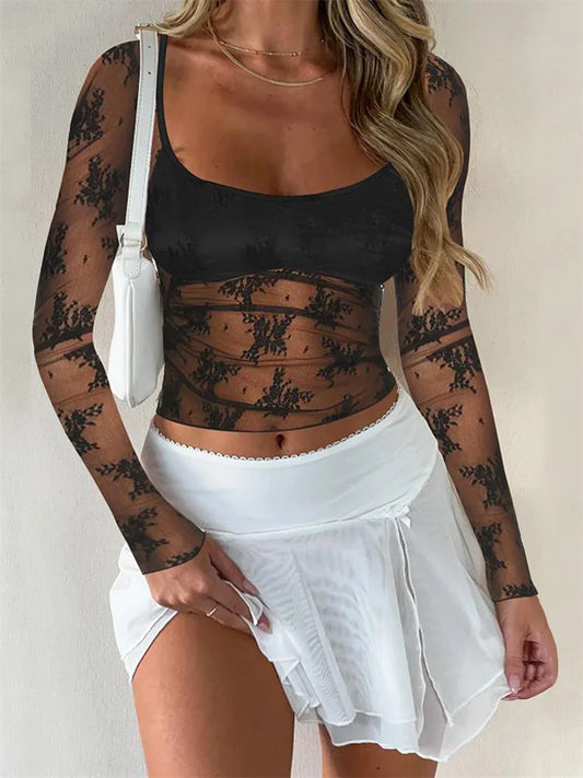 FashionSierra - 2024 Summer Slim Fit Black Long Sleeve Square Neck Mesh Sheer See Through Lace Floral Tee