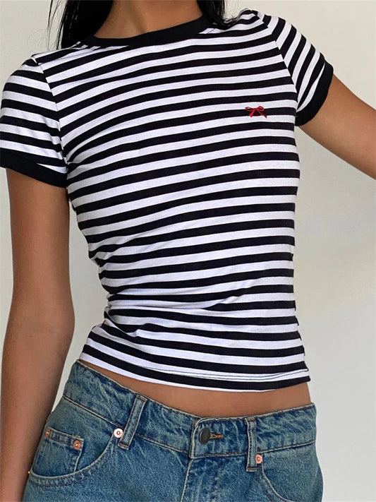 FashionSierra - 2024 Striped Print Bow Embroidered Short Sleeve Casual Pullovers Clubwear Aesthetic Grunge Tee