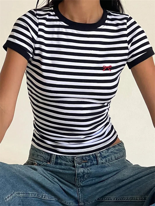 FashionSierra - 2025 Striped Print Bow Embroidered Short Sleeve Casual Pullovers Clubwear Aesthetic Grunge Tee