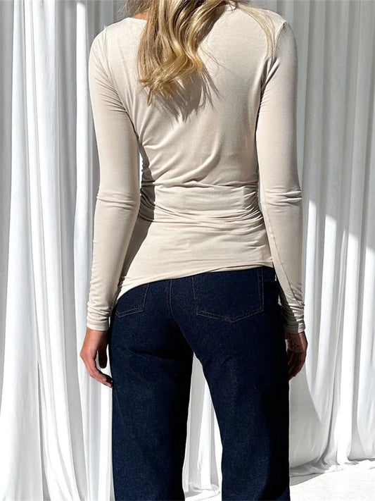 FashionSierra - 2025 T-shirts Long Sleeve Crew Neck Irregular Hem Solid Color Slim Fit Spring Autumn Streetwear Tee