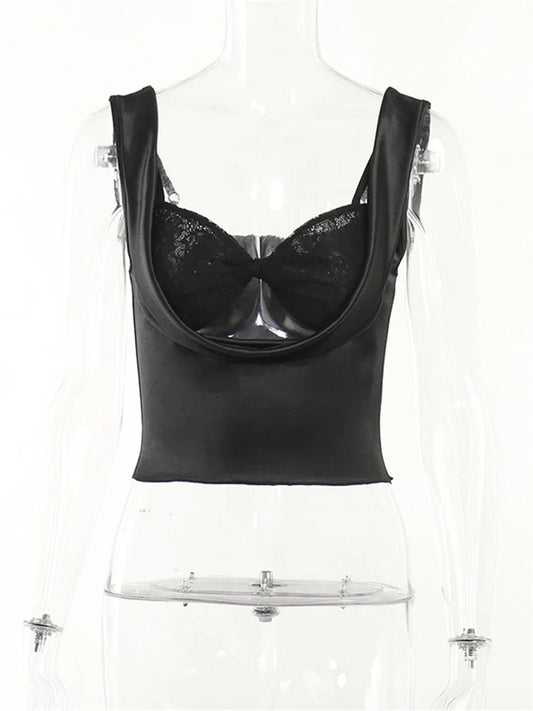 FashionSierra - 2025 Vintage Lace Patchwork Spaghetti Strap Low Cut Backless Streetwear Mini Vests